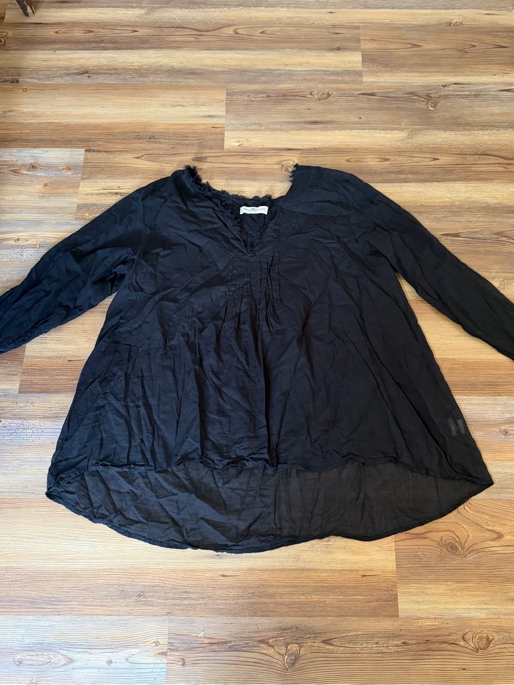 Natural Life Black 100% Cotton V-Neck Fringe Pleated Tunic Blouse Sz L/XL